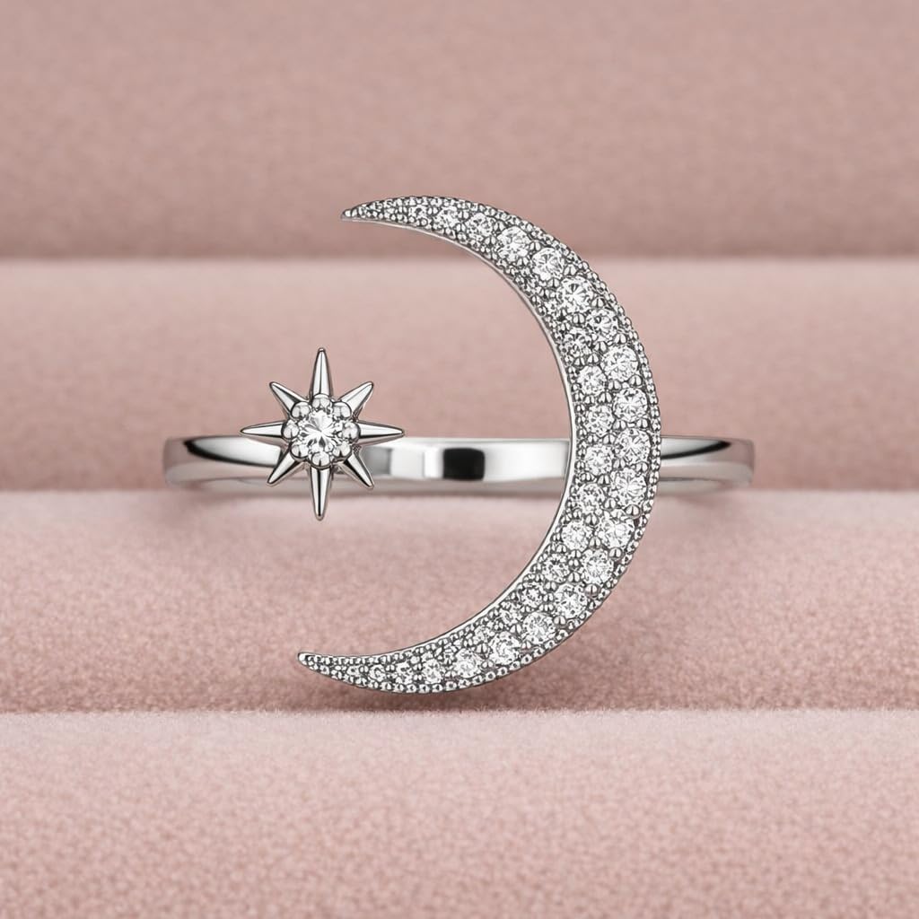 SUPAC 1pc Chic Moon & Sun Cuff Ring - Shimmering Rhinestone Crescent Design - Delicate Daily Wear & Party Accessory for Fashion-Forward Style - Christmas, Birthday Gift