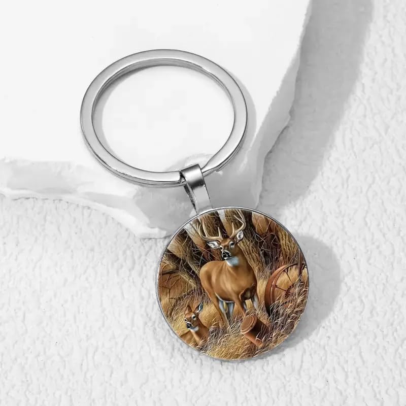 Mountain Sunset Stained Glass Art Keychain, Nature Scene Design, Round Pendant (White-tailed Deer)