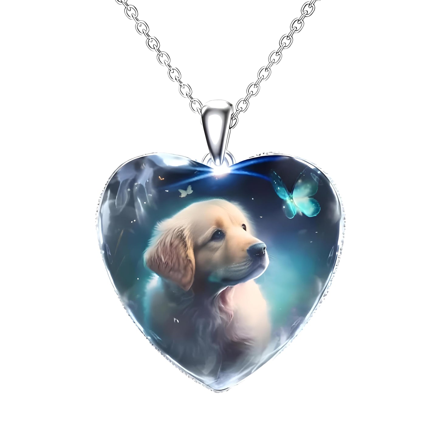 Heart-Shaped Pendant Necklace with Different Animals - Panda, Horse, Deer, Cat, Elephant, Dog Scenic Views, Stainless Steel Necklace with Glass Pendant - Christmas, Holiday, or Birthday Gift