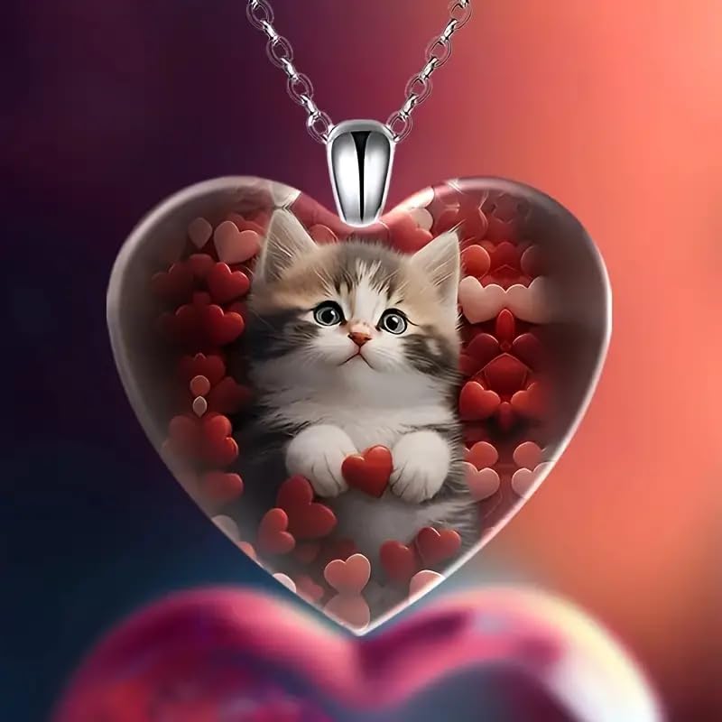Valentines Day Cute Kitten Necklace, Red Hearts with Heart Shaped Glass Pendant, 'I Love you Today, Tomorrow, Always' Engraved, Stainless Steel Chain - Holiday, Christmas, or Valentines Day Gift