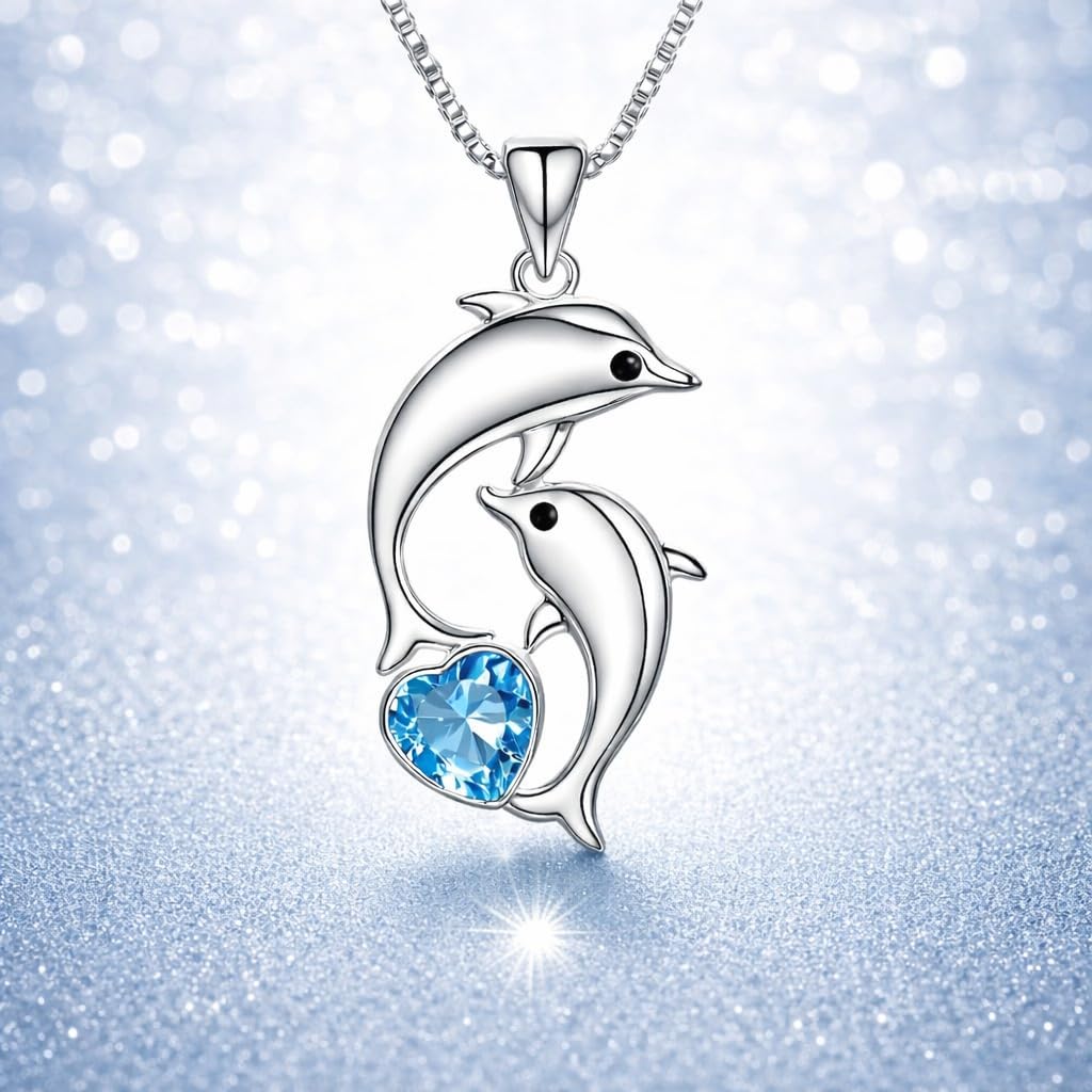 SUPAC Fashion Dolphin Necklace Heart-shaped Cubic Zirconia Decor Pendant Necklace, Cute Animal Dolphin Accessories - Christmas, Birthday Gift