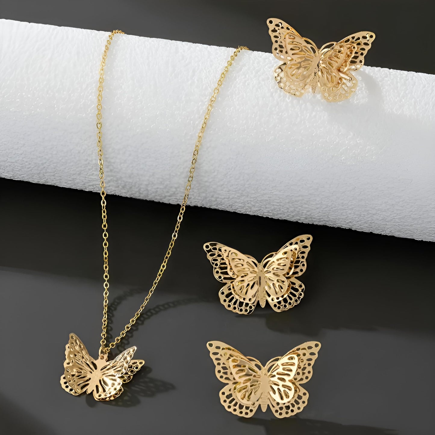 SUPAC Gold Butterfly Necklace Earrings Adjustable Ring Jewelry Set, 18.5 inch Chain Length, 4 Pieces
