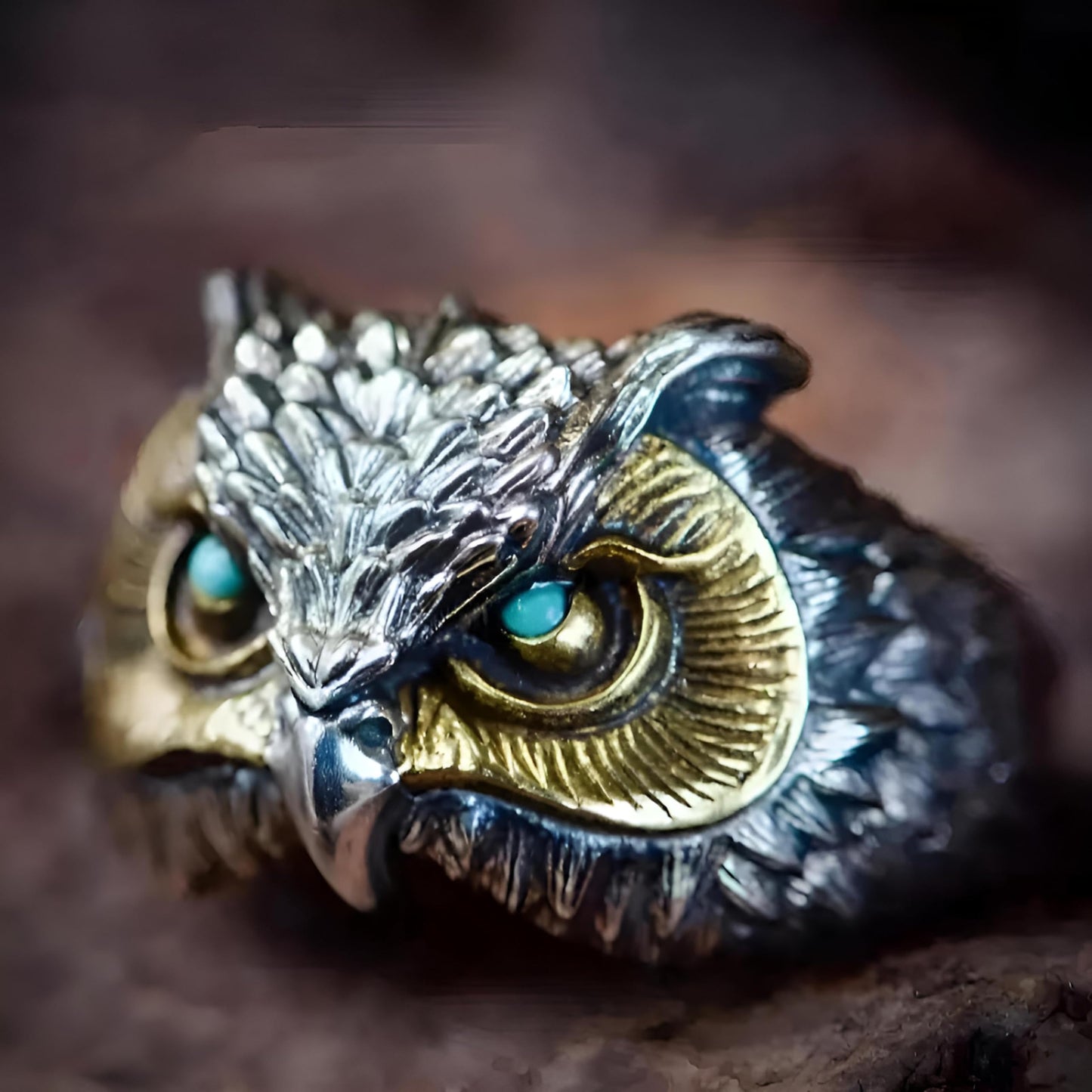 SUPAC Vintage Owl Ring with Turquoise Eyes, Two-Tone Silver and Gold Finish, Detailed Feather Design, Adjustable Size
