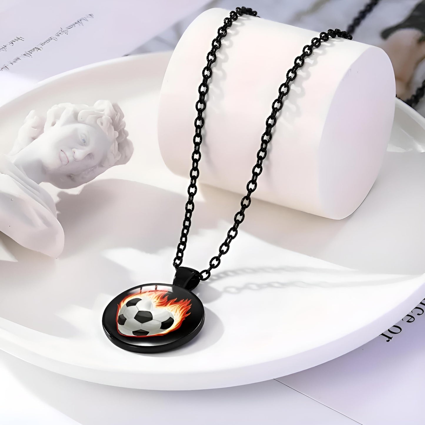 SUPAC Sports Pendant Necklace with Flaming Soccer Ball and Baseball Design, 21.65 inch Chain with 1.97 inch Extension, Black (Soccer)