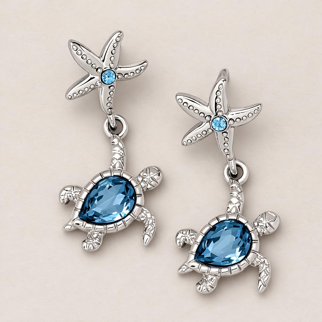 Pair of Cute Starfish and Turtle Stud Earrings - Stainless Steel Ear Needles, Man Made Rock Mosaic, Plated White K Finish, Alloy Construction