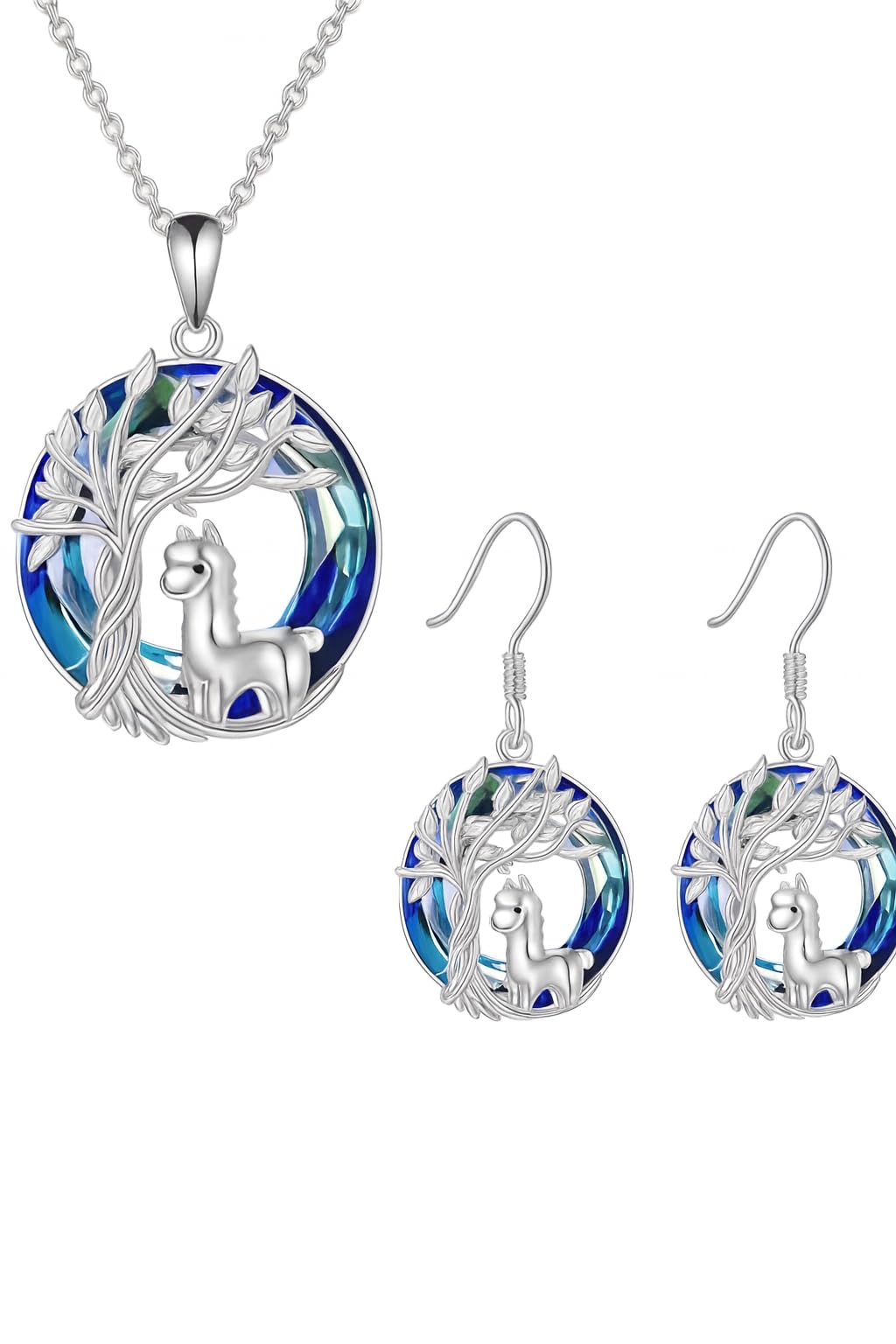 SUPAC Alpaca Tree of Life Jewelry Set, Silver Pendant Necklace and Drop Earrings, Blue Crystal, 0.85 inch