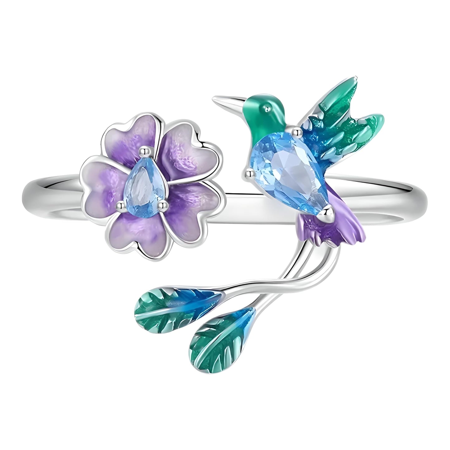 Sterling Silver Hummingbird Ring with Enamel Flowers, Adjustable, Turquoise and Purple