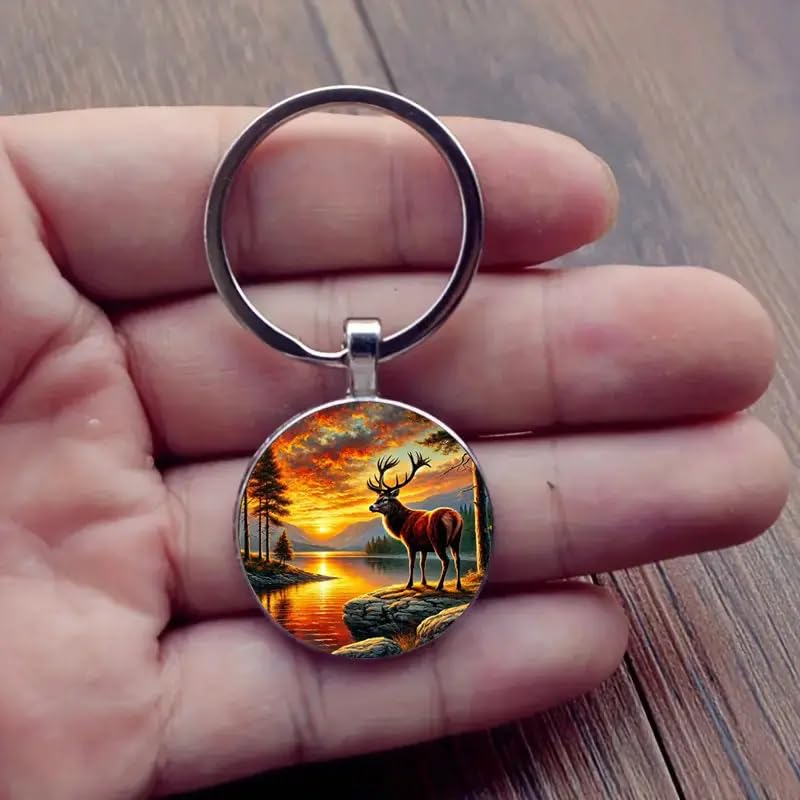 Mountain Sunset Stained Glass Art Keychain, Nature Scene Design, Round Pendant (Rustic Deer & Sunset)