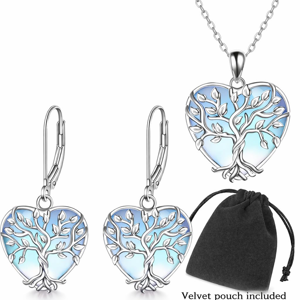SUPAC Tree of Life Jewelry Set, Blue Crystal Heart Design, Silver-Tone Necklace Bracelet Earrings Keychain, 4-Piece Set
