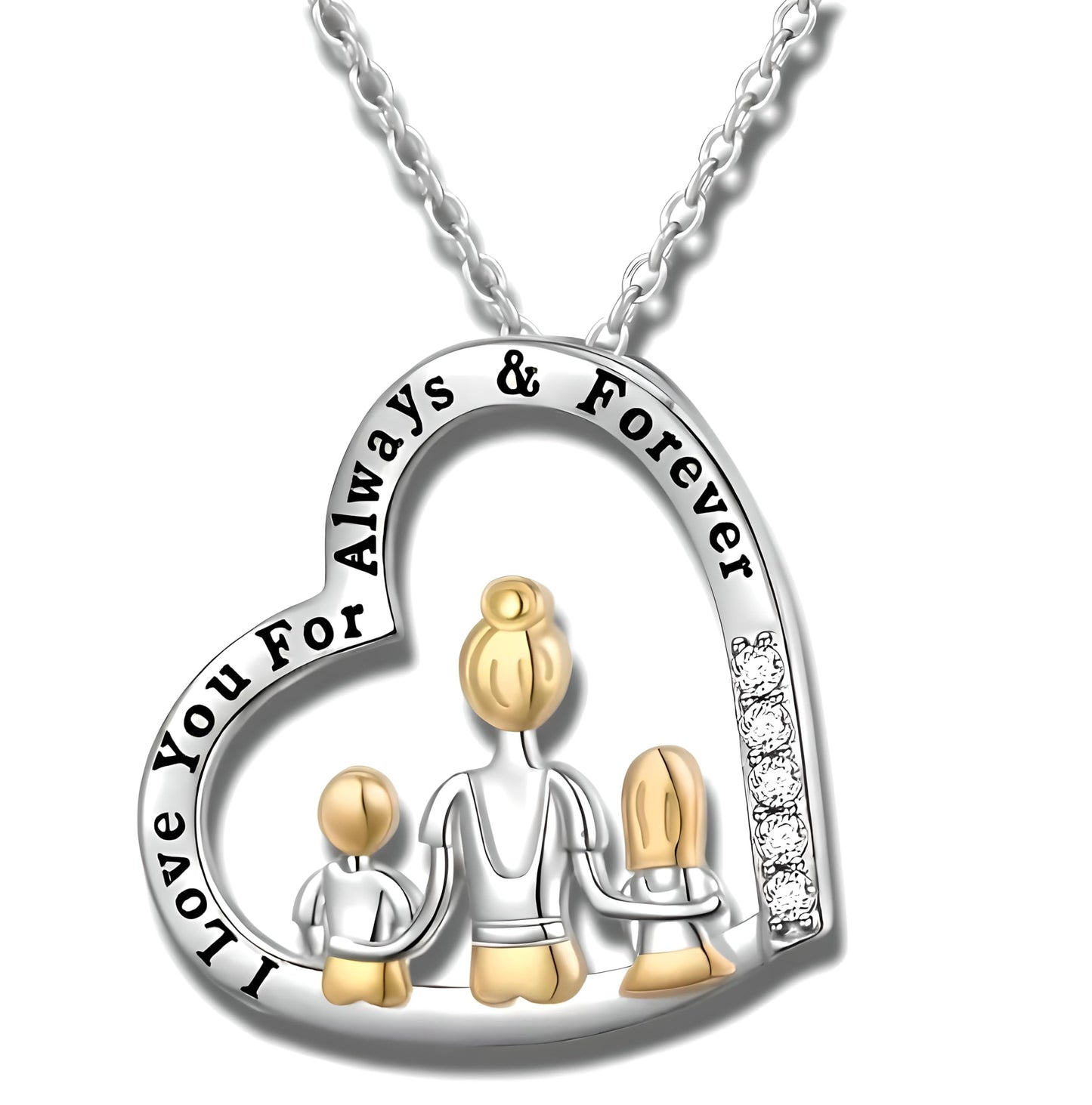 Heart-Shaped Mother's Day Necklace, Family + Mother Necklace Options with Crystal Accents, Mother and Daughter Pendant Gift, Silver and Gold-Tone, 'I Love You Always & Forever' Message
