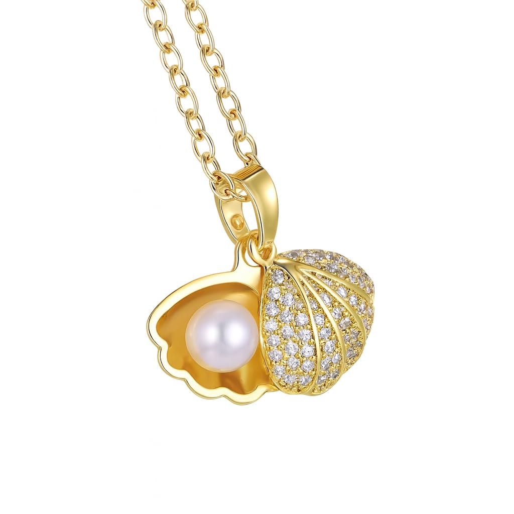 Crystal Clam Shell Oyster Pearl Pendant Necklace, 18 Inch Chain with 2 Inch Extender, Silver