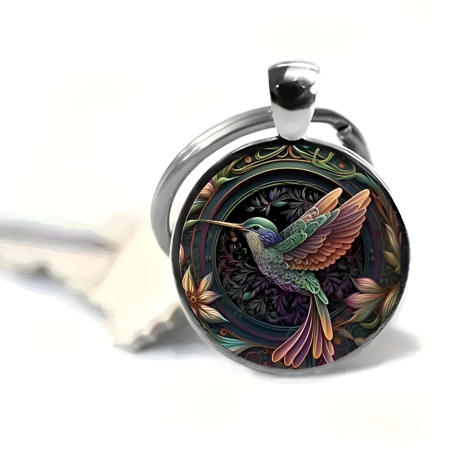 SUPAC Artistic Hummingbird Keychain, 2D Flat Stainless Steel, Silver Frame with Floral Background, 1.1 x 0.98 Inch Pendant