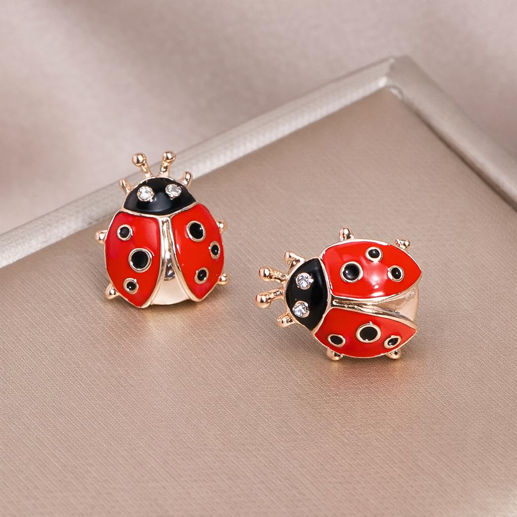 Cute Ladybug Stud Earrings, Red and Black Enamel with Crystal Rhinestones, Rose Gold Plated, 1.5cm x 1.2cm