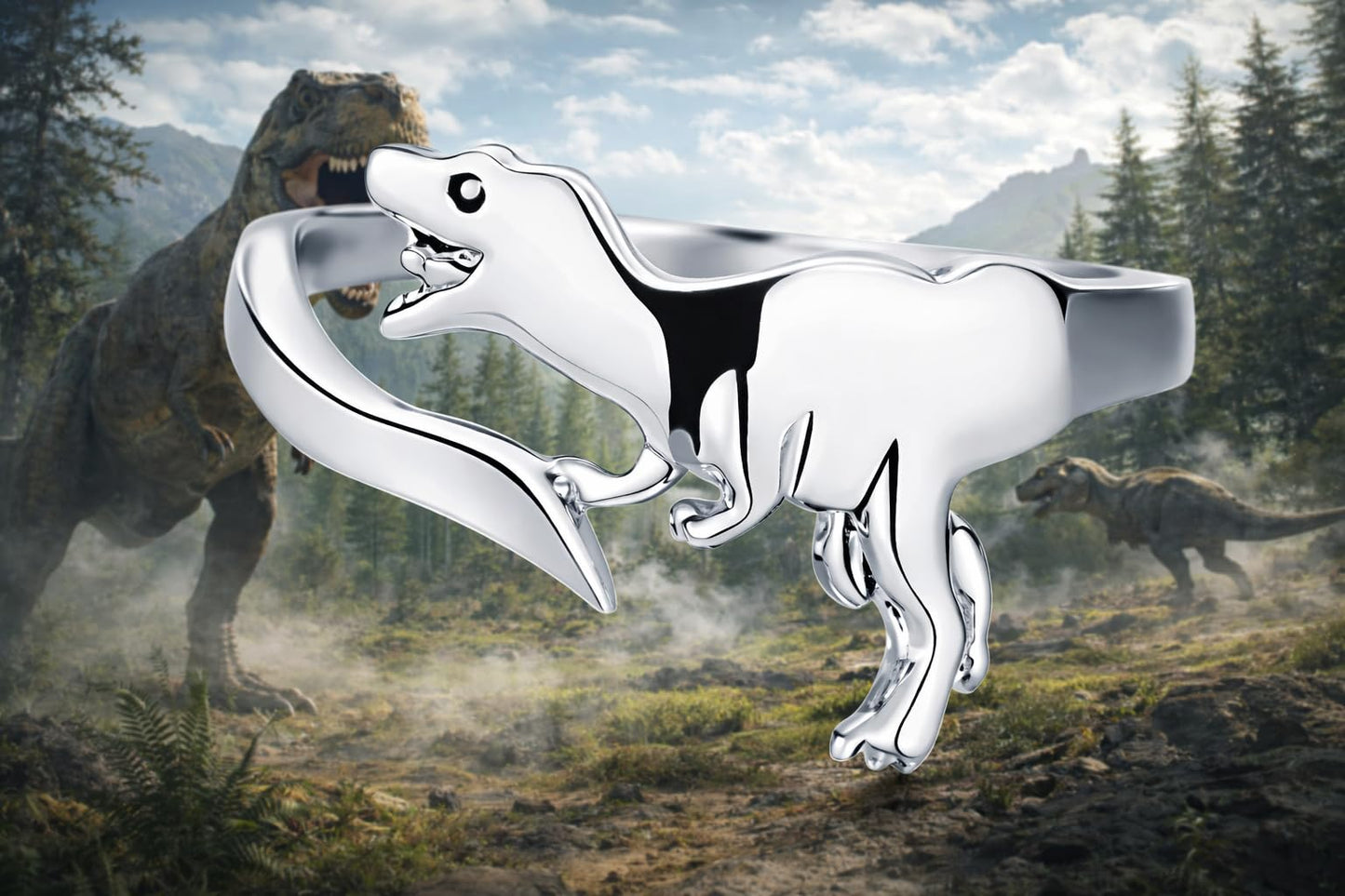 SUPAC Dinosaur T-Rex Adjustable Ring, Stainless Steel Cute Cartoon Design - Gift for Dinosaur Lovers