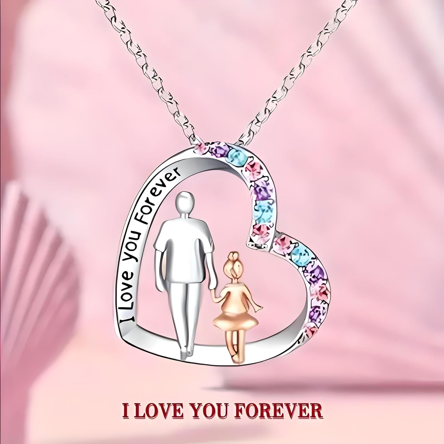 SUPAC Father and Daughter Heart Necklaces, Crystal Accents, Silver Chain - 'I Love you Forever' - Father's Day Gift