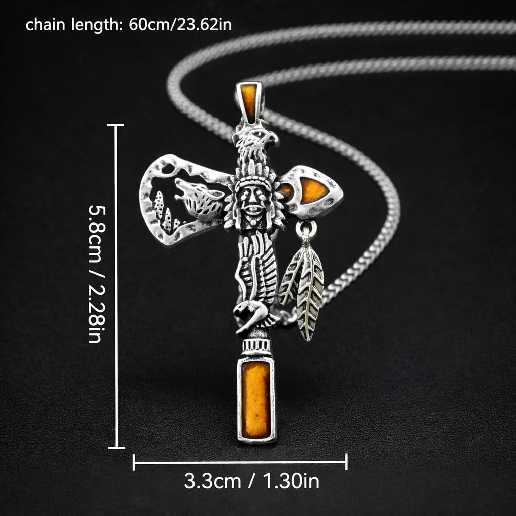 Indian Axe Pendant Necklace, Native American Wolf Design, Stainless Steel Chain
