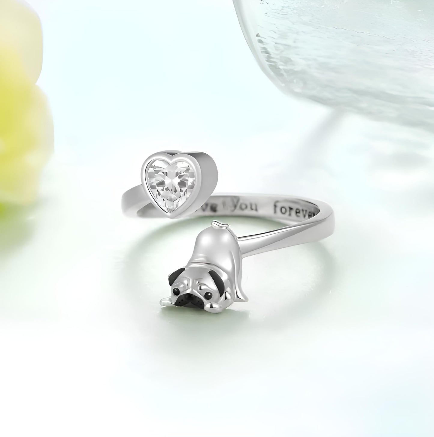 SUPAC German Shepherd, Yorkie, Pug Dog Paw Adjustable Ring, Sterling Silver, Paw Print Design with Crystal Accents - Christmas, Birthday, or Party Ring