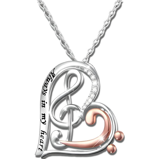 Musical Note Heart Necklace, Sterling Silver and Rose Gold Two-Tone Treble Clef Design with Crystals - 'Always in my heart' Engraved