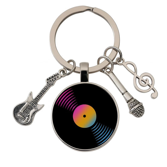 SUPAC Music Lover Keychain with Vinyl Record, Guitar, Microphone and Musical Note Charms, Music Gifts, 5 Different Color Options (Rainbow Vinyl)