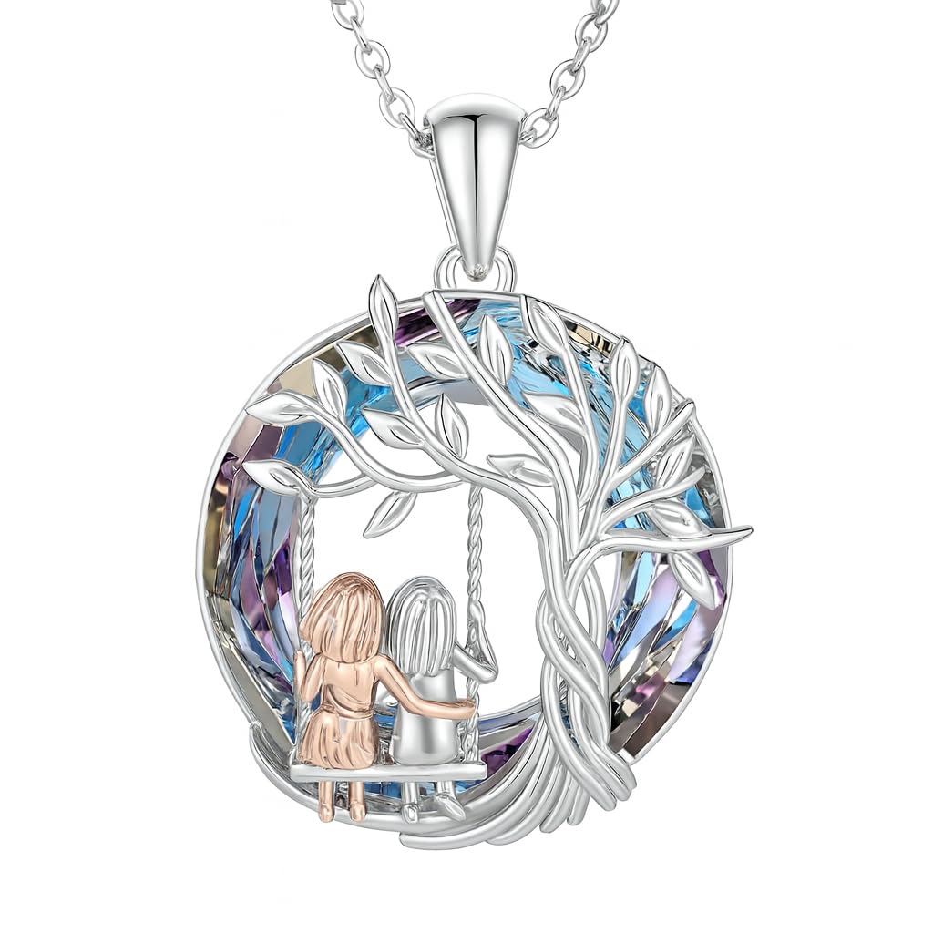 SUPAC Tree of Life Swing Pendant Necklace, Silver Chain, Crystal Rainbow Background - Gift for Friends