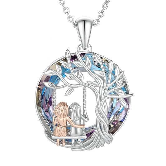 SUPAC Tree of Life Swing Pendant Necklace, Silver Chain, Crystal Rainbow Background - Gift for Friends
