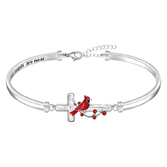 Cardinal Cross Bangle Bracelet, Silver Tone with Red Bird Design, 0.75 inch Charm