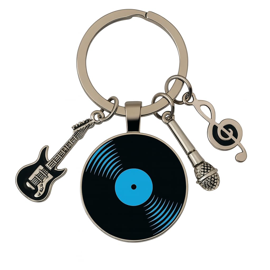SUPAC Music Lover Keychain with Vinyl Record, Guitar, Microphone and Musical Note Charms, Music Gifts, 5 Different Color Options (Blue Vinyl)