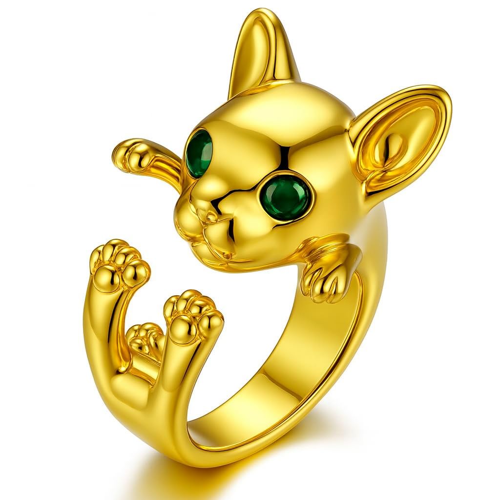 SUPAC Adjustable Silver Dog Ring, Westie Terrier and Bulldog Design, Fashion Jewelry (Golden French Bulldog)