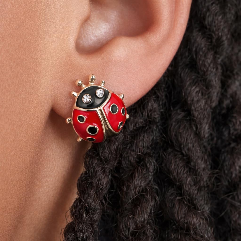 Cute Ladybug Stud Earrings, Red and Black Enamel with Crystal Rhinestones, Rose Gold Plated, 1.5cm x 1.2cm