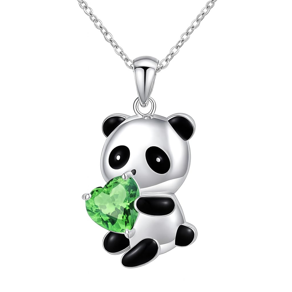 Cute Panda Heart Crystal Pendant Necklace, 17.7 inch Chain, Silver - 6+ Color Options