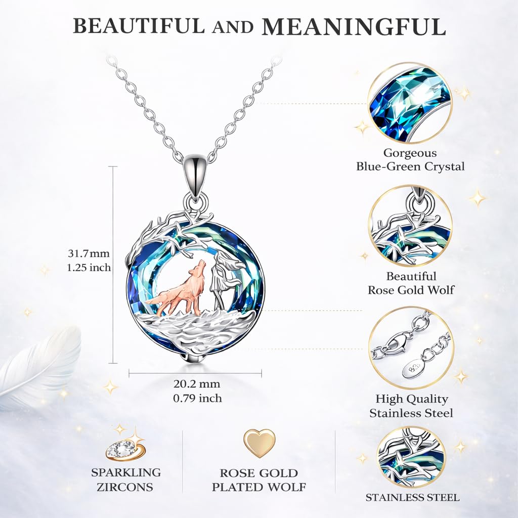 SUPAC Wolf Winter Scene Pendant Necklace, Blue Crystal, Stainless Steel Chain, 1.25 inch