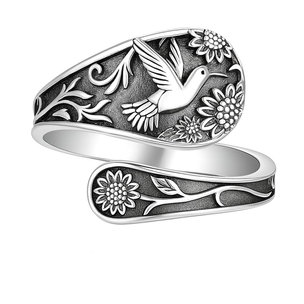 SUPAC Vintage Hummingbird Spoon Ring, Sterling Silver Adjustable Band, Floral Design