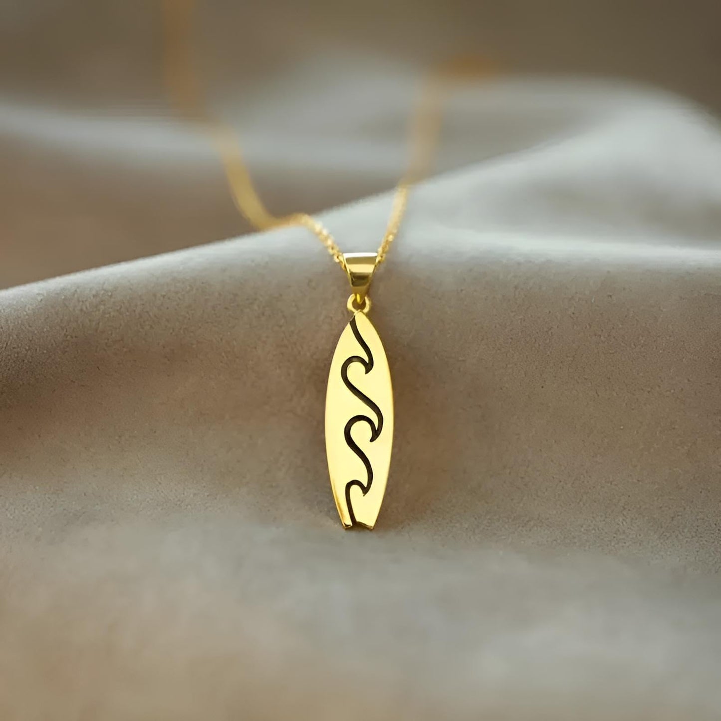 SUPAC Gold Surfboard Wave Pendant Necklace, 16.5 inch Chain with 2 inch Extension, Wave Design