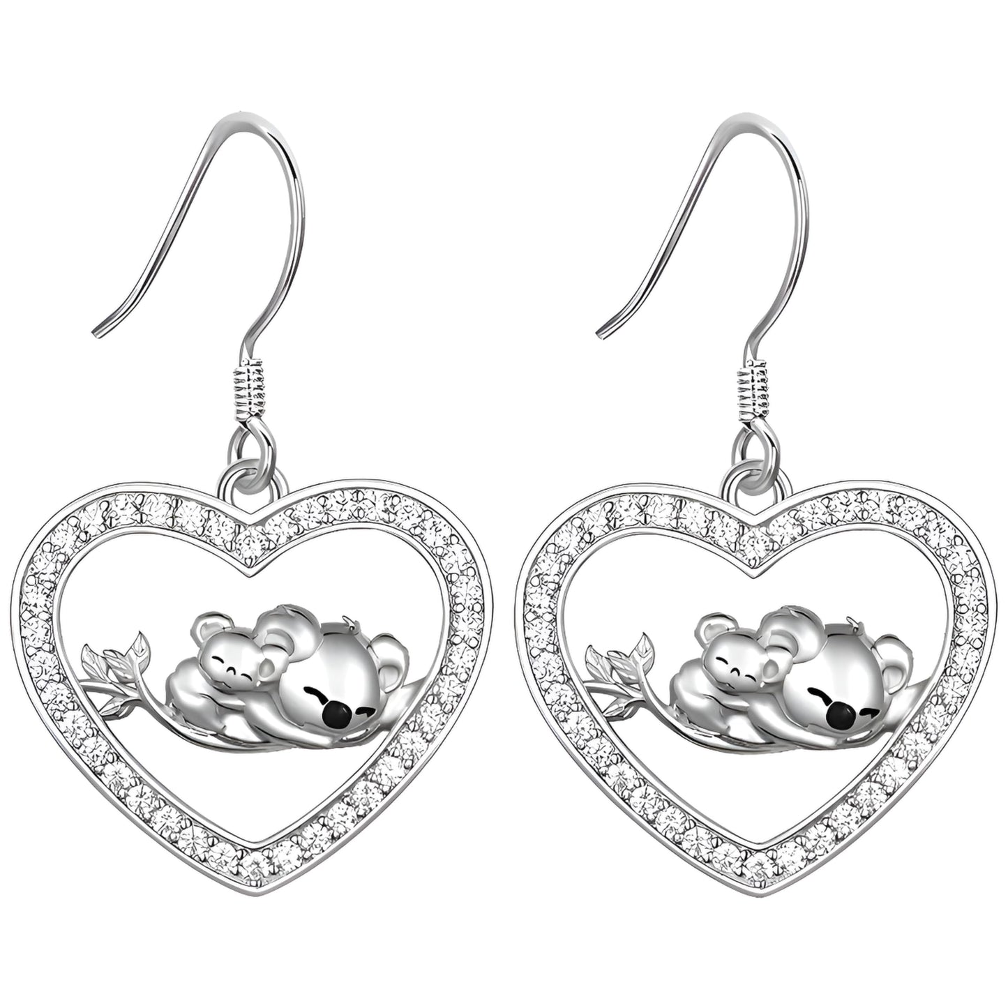 SUPAC Heart-Shaped Koala Family Jewelry Set, Crystal-Studded Necklace and Earrings, Silver, 15.74 inch Chain