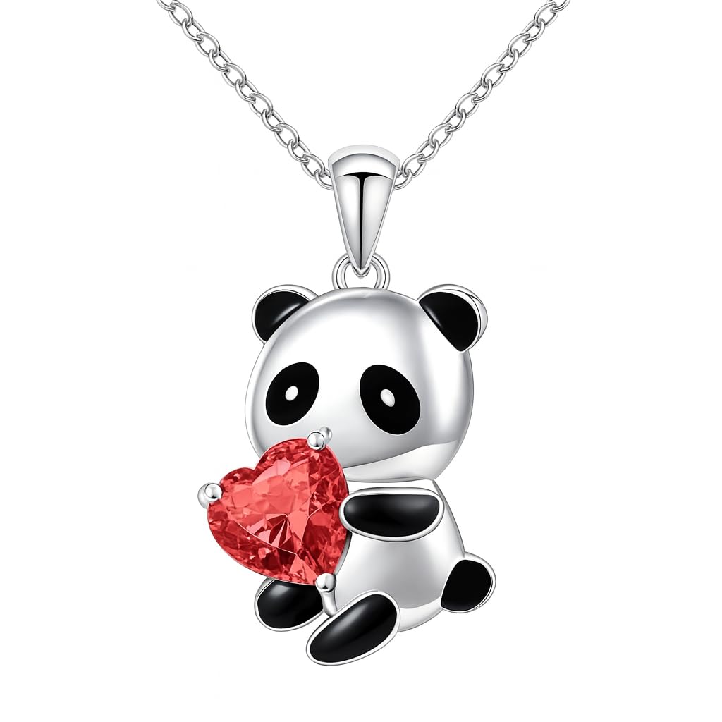 Cute Panda Heart Crystal Pendant Necklace, 17.7 inch Chain, Silver - 6+ Color Options