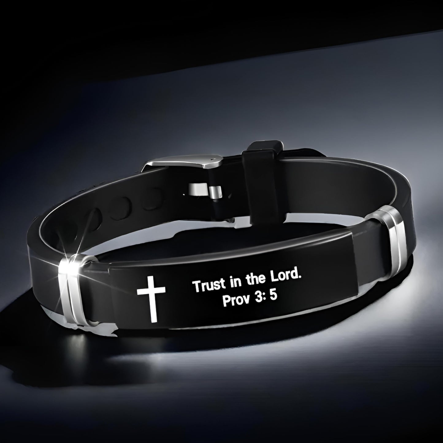 Christian Cross Bracelet with Proverbs 3:5, Phillipians 4:13, Matthew 19:26, Isaiah 41:10, Luke 1:37, Matthew 28:20 Scripture, Black Silicone Adjustable Watch Band, 9.05 inch Length