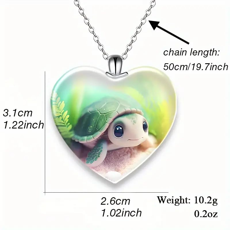 SUPAC Cute Underwater Turtle Glass Heart Pendant Necklace, 'I Love You Today, Tomorrow, Always' Engraved - Holiday, Christmas, or Birthday Gift