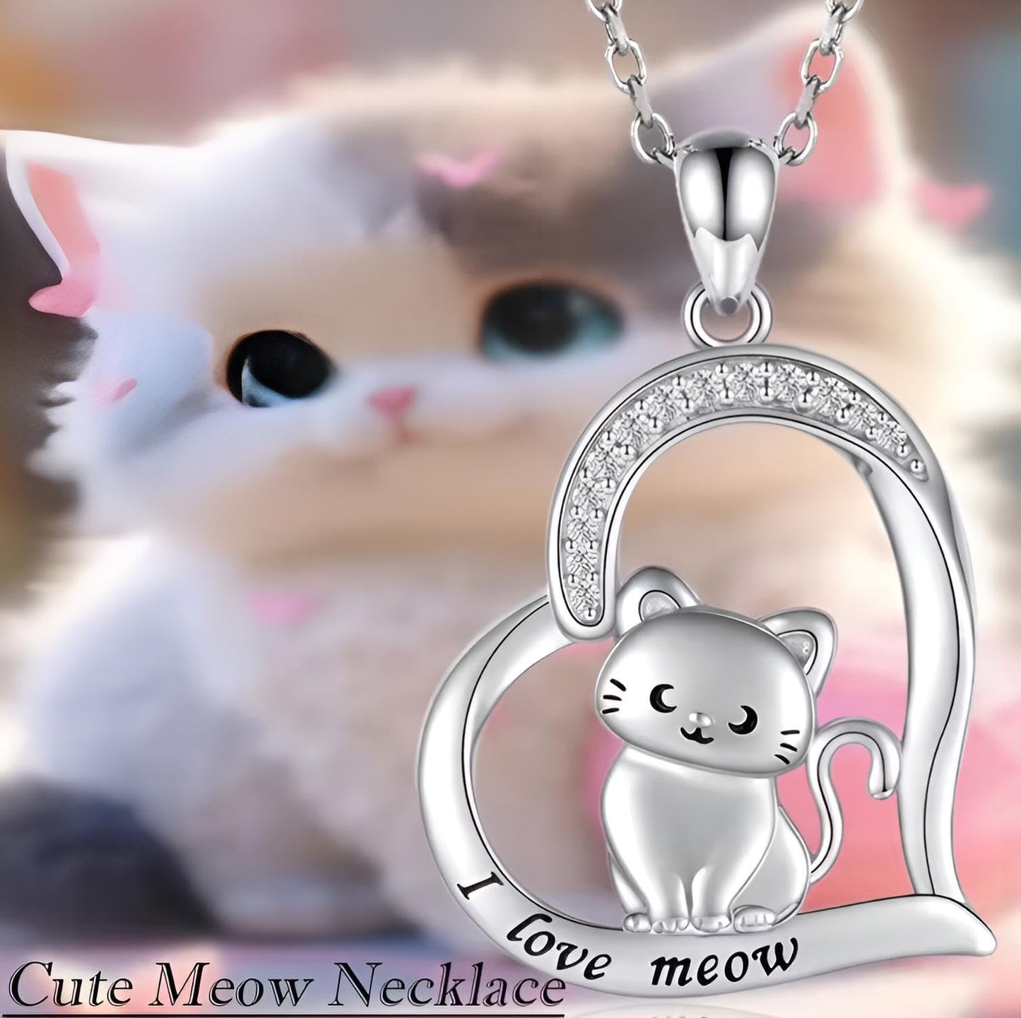 Stainless Steel Cat Moon Heart Star Flower Necklace with Crystal Pendant, 8 Designs - Cute Heart Necklace, With Black Cats, Charming in Rose Gold - Stylish Gift for Women & Party Accessory (Kitten)