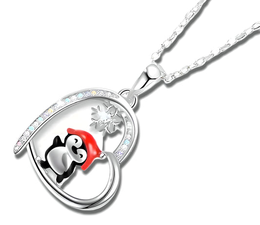 SUPAC Happy Feet Dancing Penguin with Snowflake Pendant Necklace with Rhinestones, Gift for a Birthday or Christmas