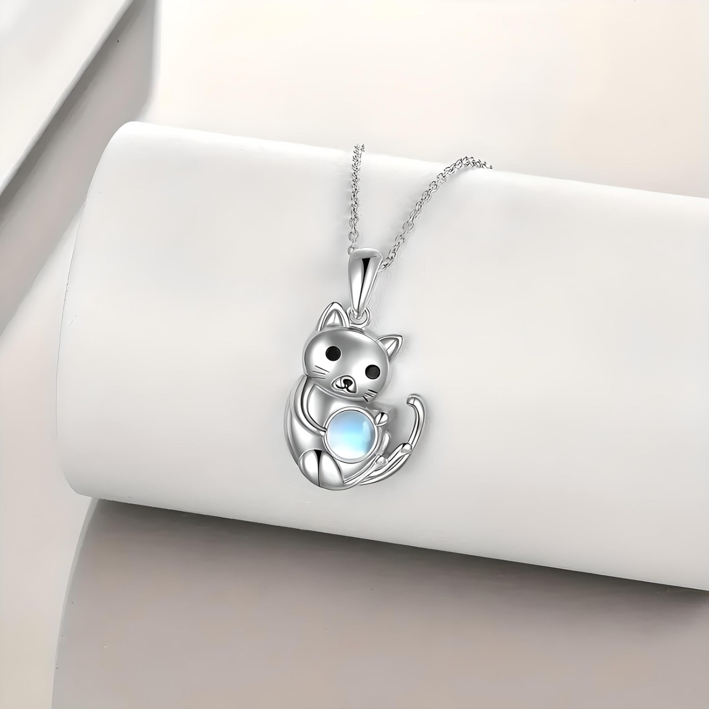 Winking Cat Pendant Necklace Playing With Blue Ball, Sterling Silver Chain, Moonstone Ball Charm - Animal Lovers' Gift (Sitting Cat)