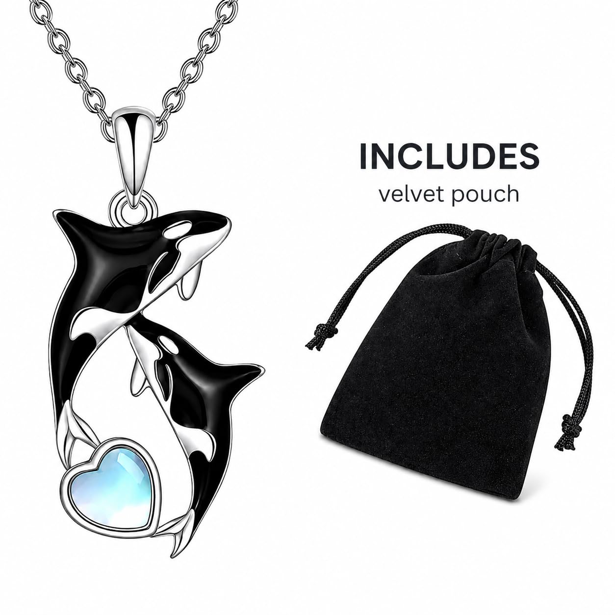 SUPAC Stainless Steel Silver Killer Whale Orca Whale Pendant Necklace, Black and Silver, Shamu Gift