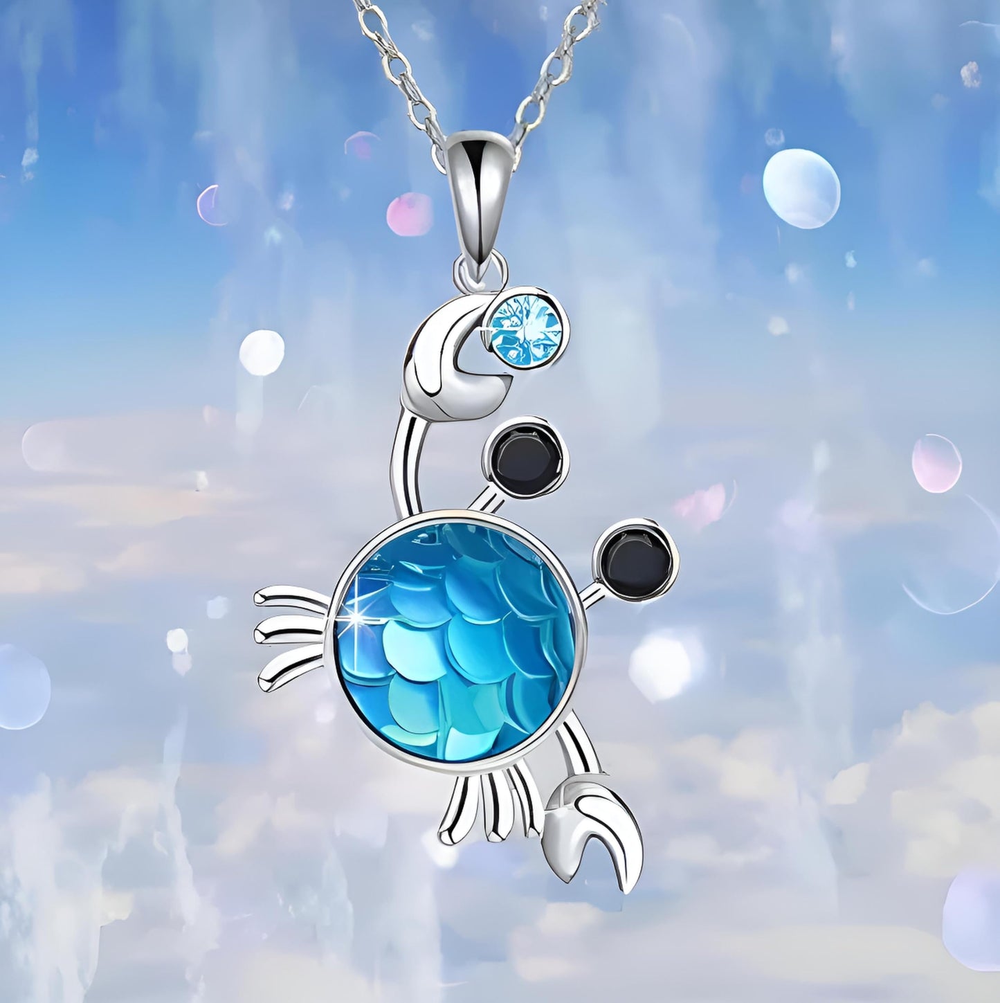 SUPAC Stainless Steel Crab Pendant Necklace, Blue Crystal Design, Black Accent Stones - Crab Jewelry Gift