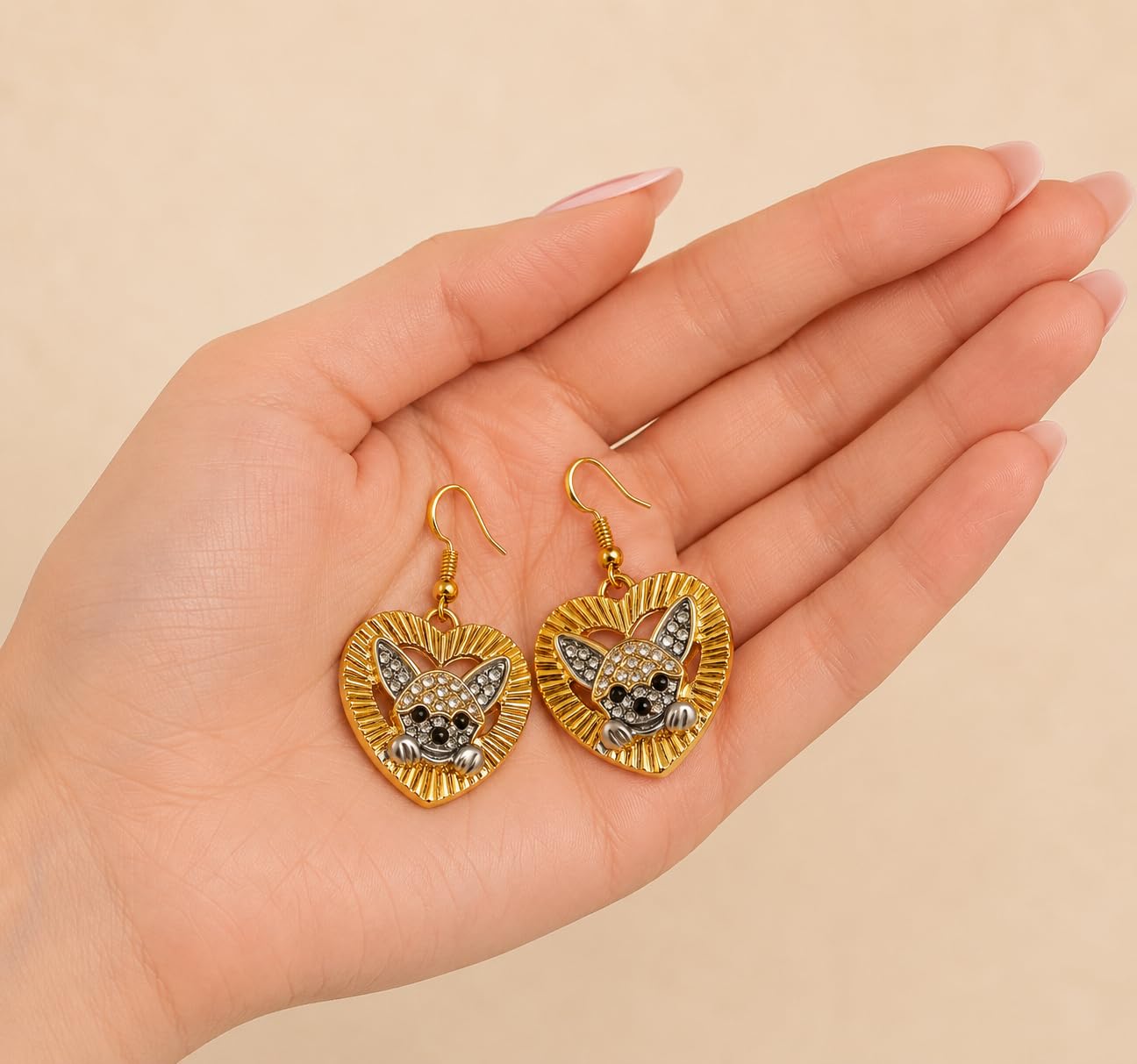 Chihuahua Heart Dangle Earrings, Gold Tone Stainless Steel, Crystal Rhinestone Dog Charm, 0.90 in - Stainless Steel Jewlery, Dog Lover's Gift