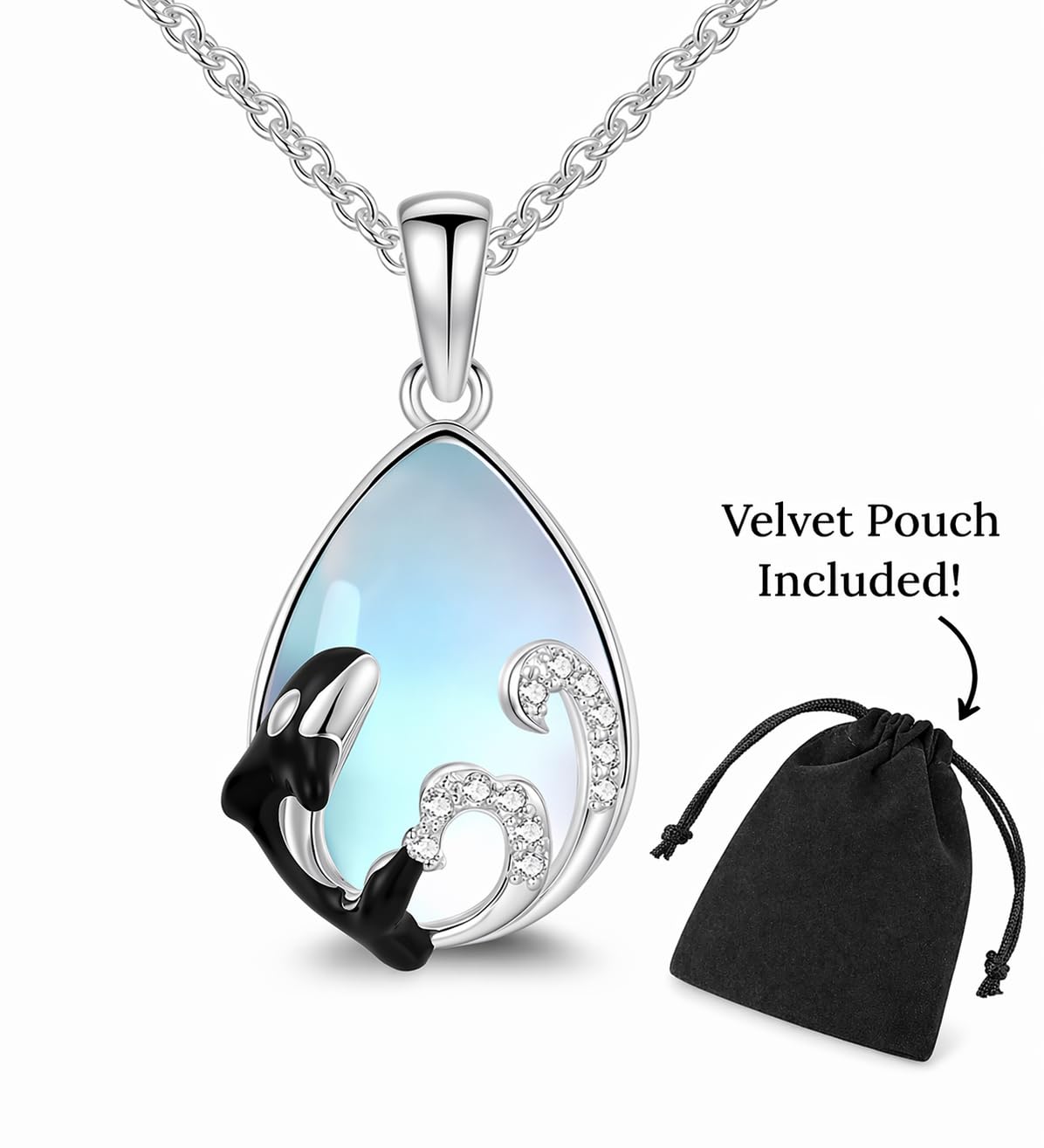 SUPAC Stainless Steel Silver Killer Whale Orca Whale Pendant Necklace, Black and Silver, Shamu Gift