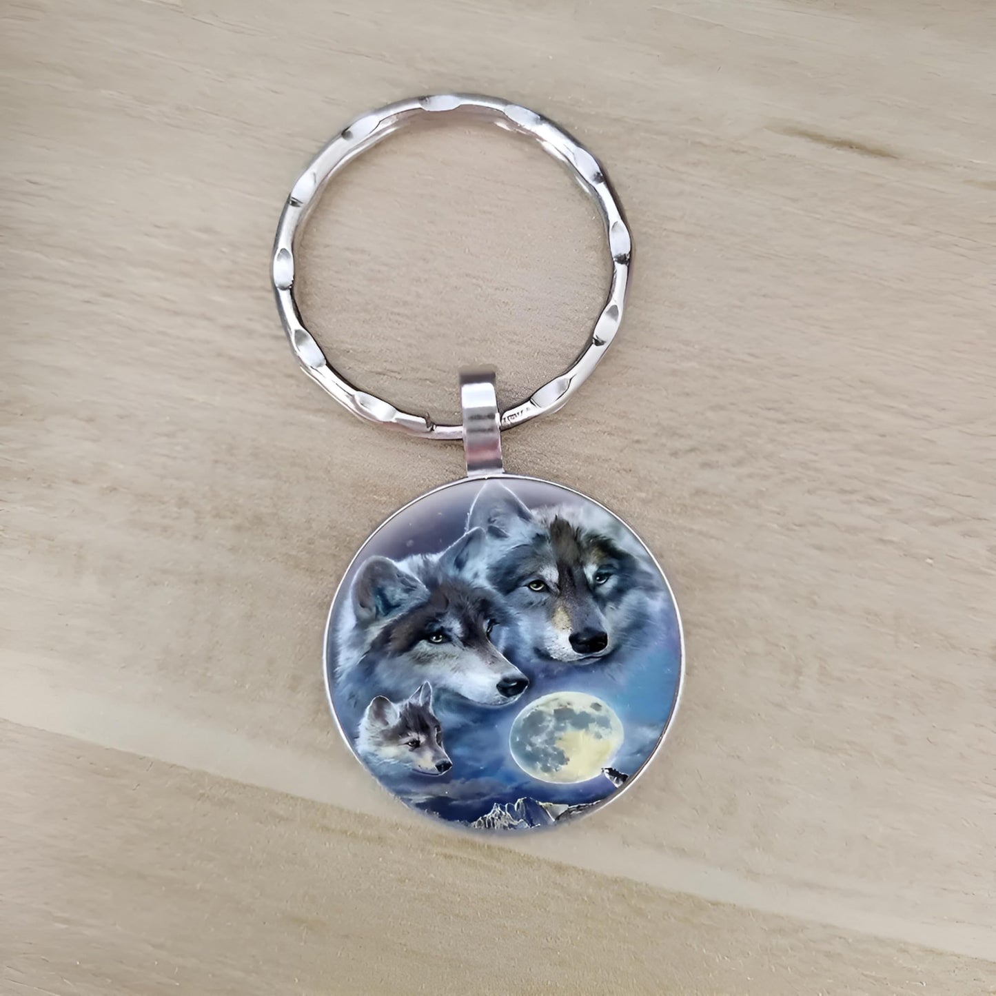 SUPAC Mountain Sunset Stained Glass Art Keychain, Nature Scene Design, Round Pendant (Wolf Hug)