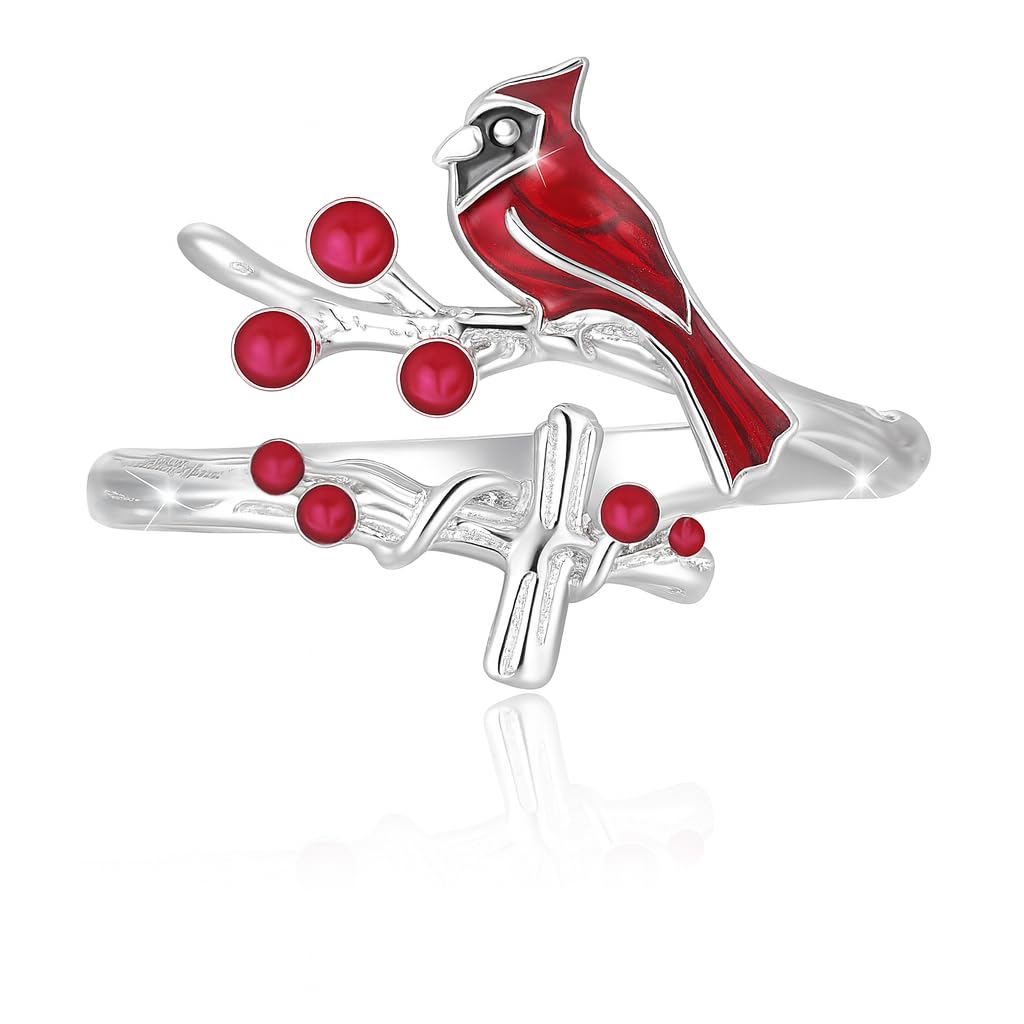 SUPAC Red Cardinal Cross Ring, Silver-Plated 'I Am Always with You' Inspirational Message, Adjustable - Christmas, Party, or Birthday Gift