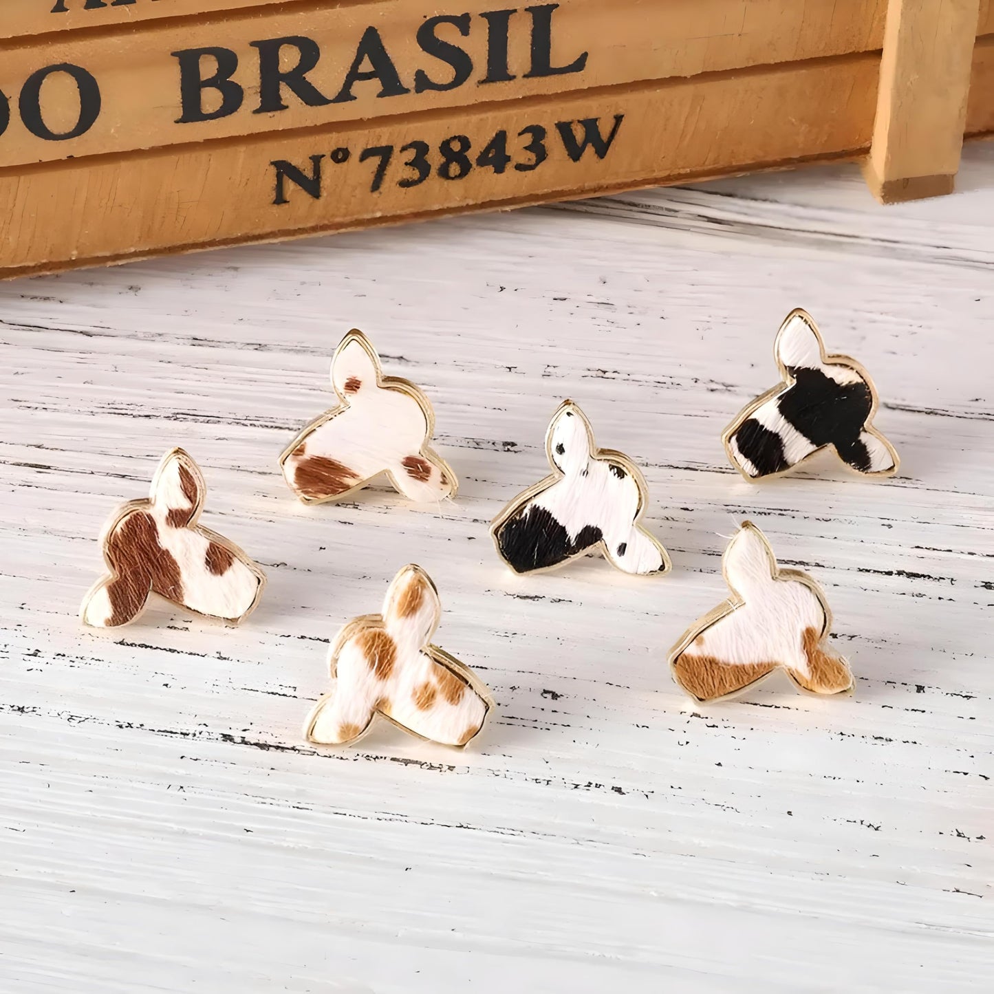Cowhide Print Stud Earrings, 3-Set Gold-Tone Farm Animal Design, 0.78 x 0.62 inches -Brown, Orange, and Black Colors