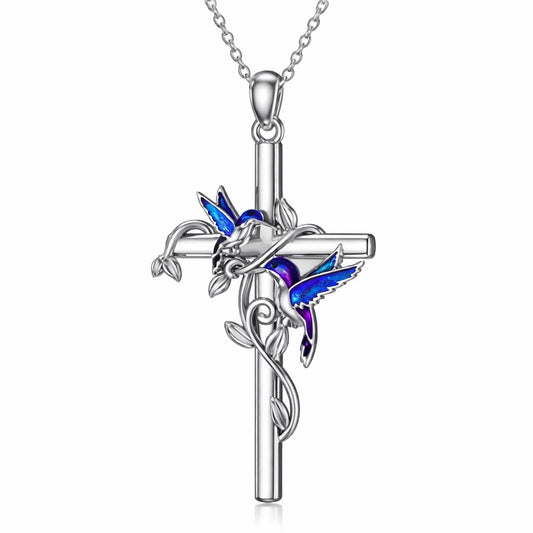 SUPAC Hummingbird Cross Design Necklace, I Am Always With You, 19.68 inch Chain, Red and Silver