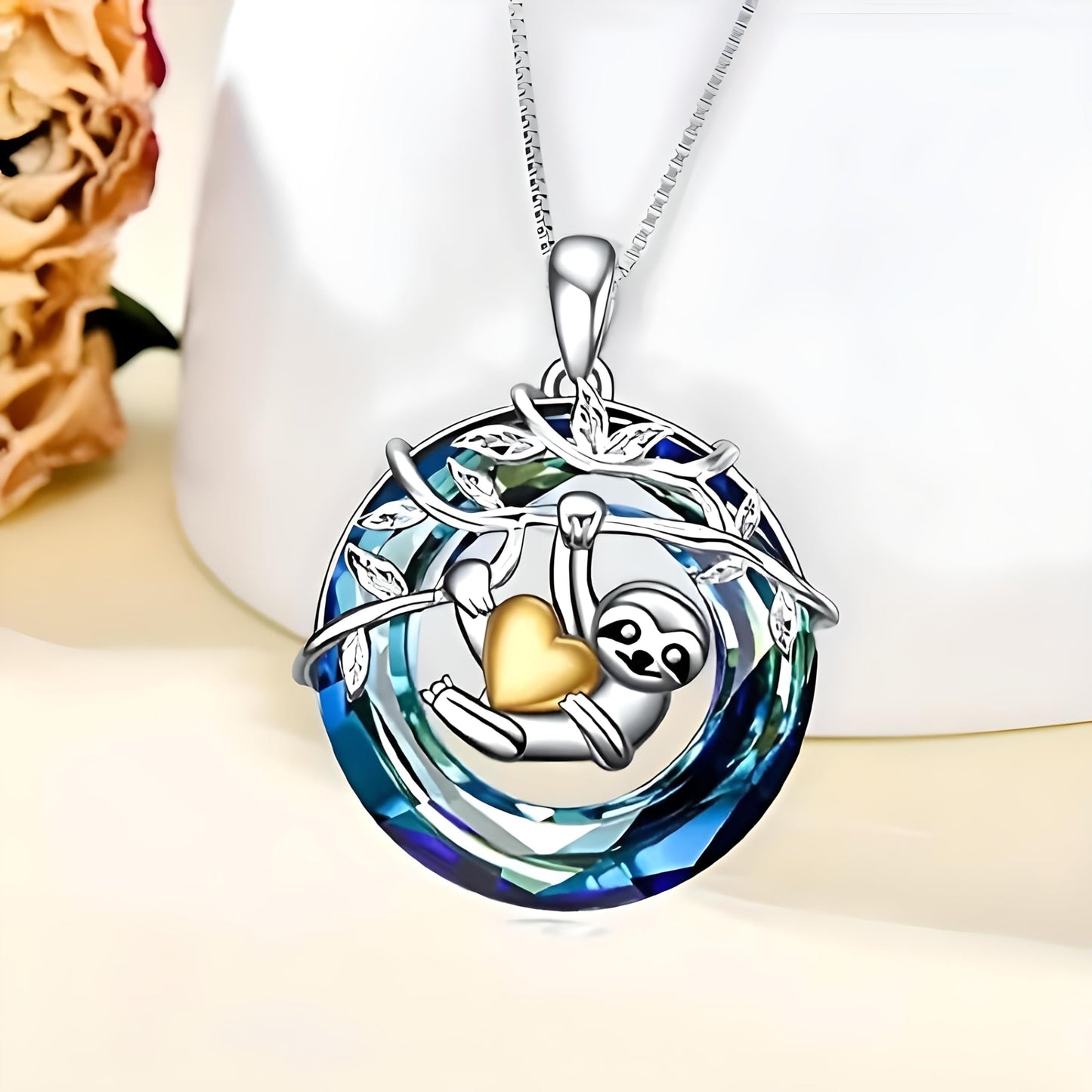 Sloth Pendant Necklace, Silver Chain, Crystal Rainbow Background - Gift for Friends (Sloth)
