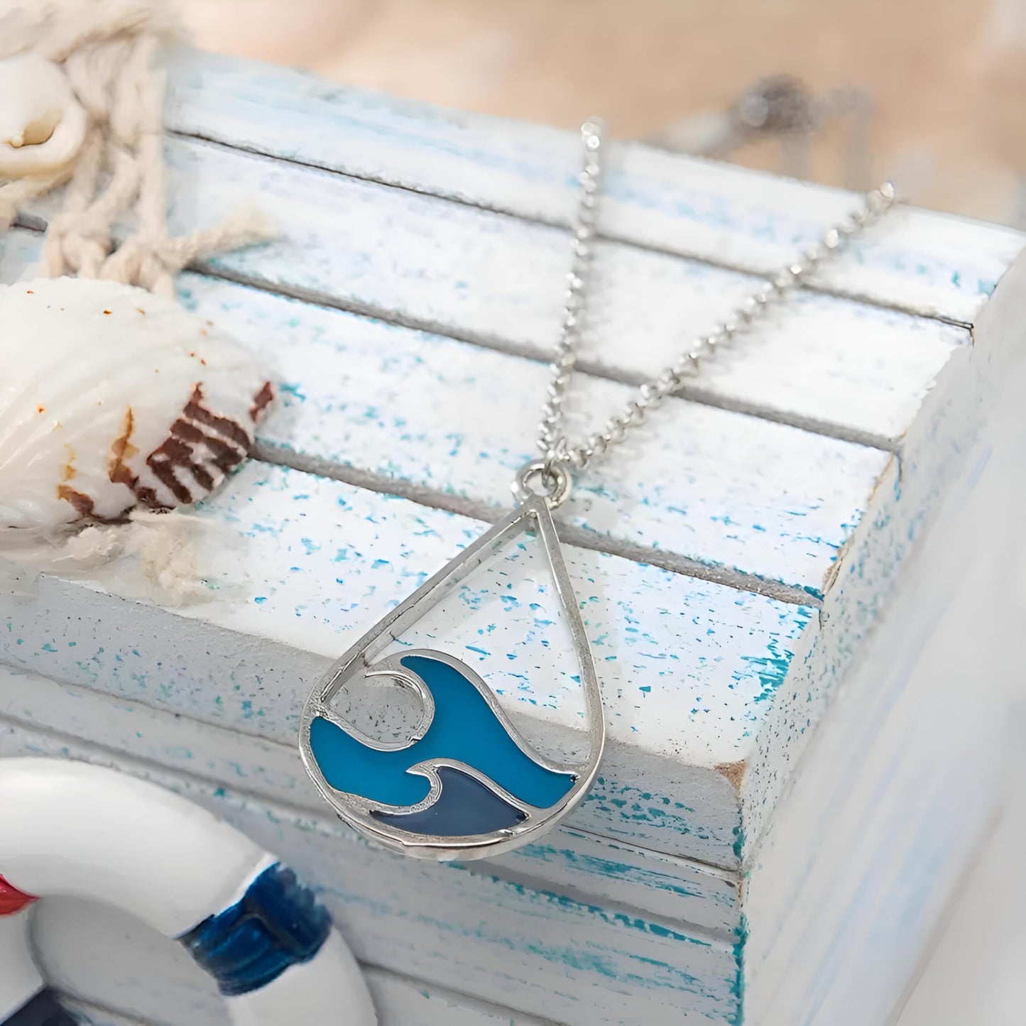 SUPAC Ocean Wave Teardrop Pendant Necklace, Silver Chain, Blue Enamel - Chill Vibes Ocean Gift
